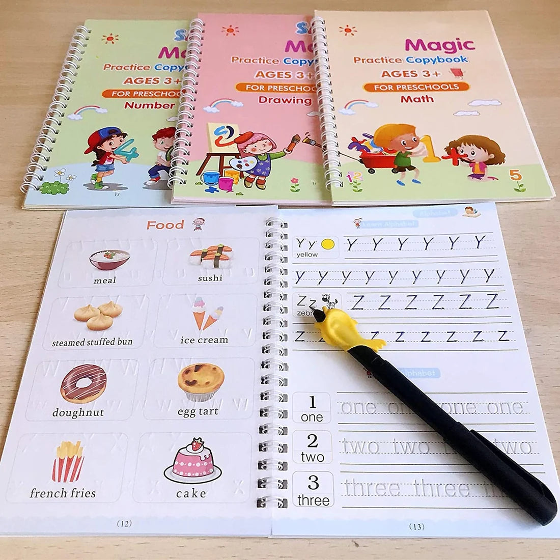Magic Practice Copybook Set – 4 Reusable Writing Books with Magic Pen