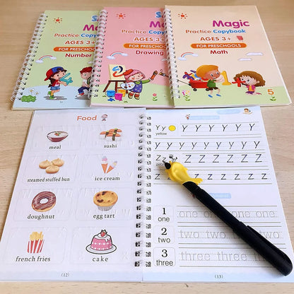 Magic Practice Copybook Set – 4 Reusable Writing Books with Magic Pen