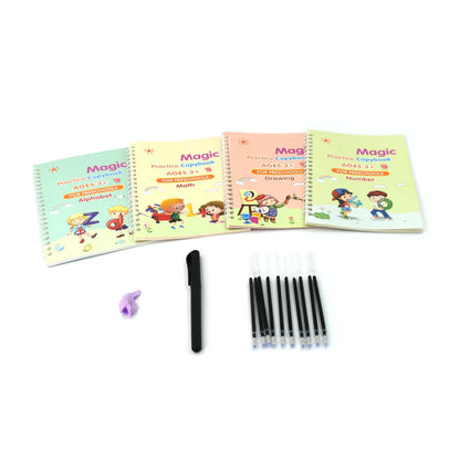 Magic Practice Copybook Set – 4 Reusable Writing Books with Magic Pen