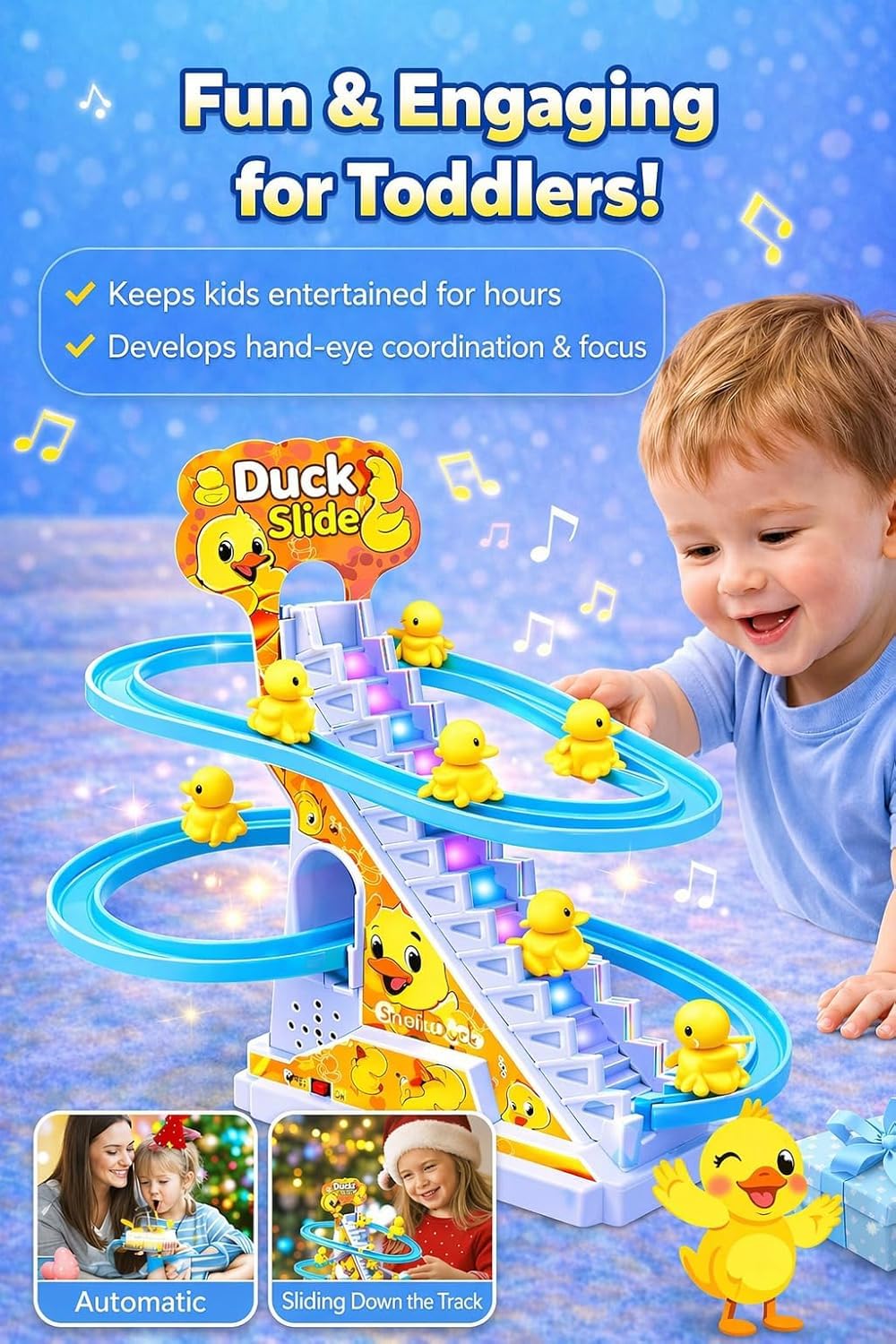 Duck Climbing Stairs Toy – Interactive Music & Light Playset