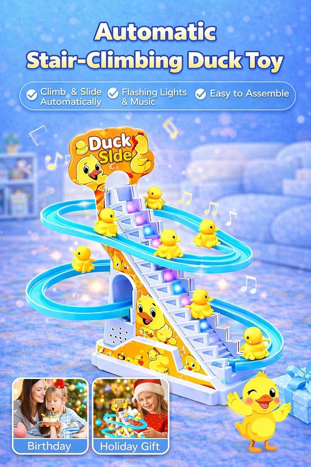 Duck Climbing Stairs Toy – Interactive Music & Light Playset