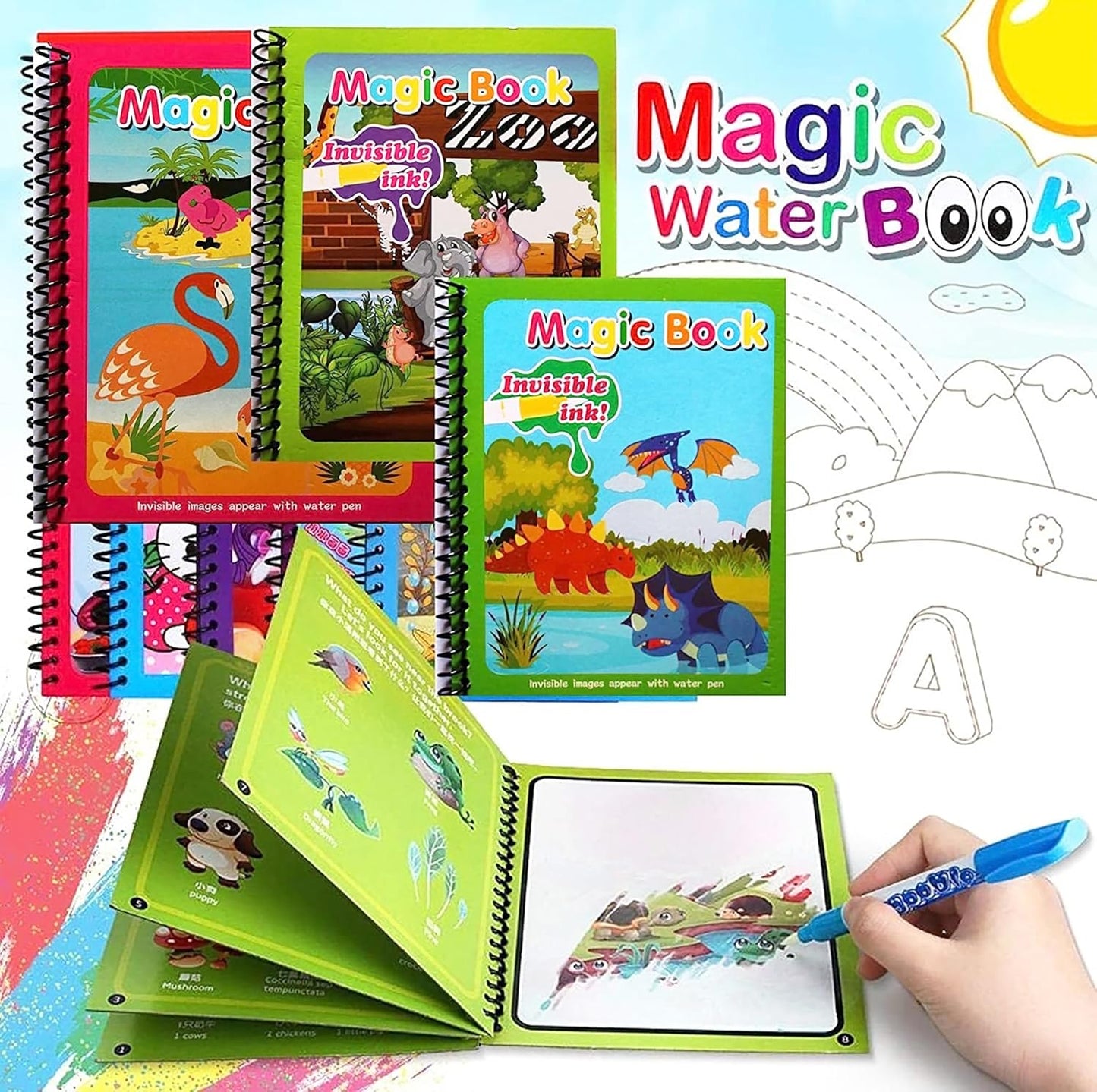 Magic Water Coloring Book – Reusable Aqua Painting Book with Water Pen