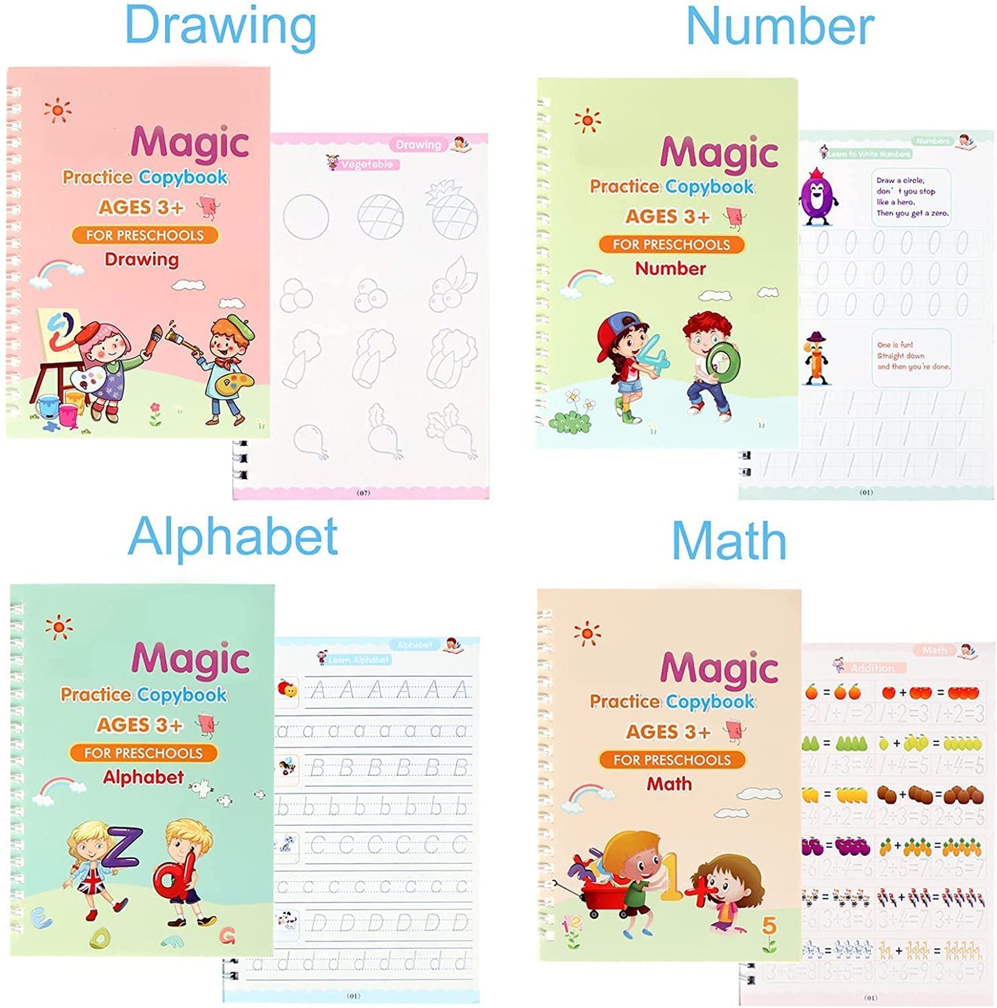 Magic Practice Copybook Set – 4 Reusable Writing Books with Magic Pen