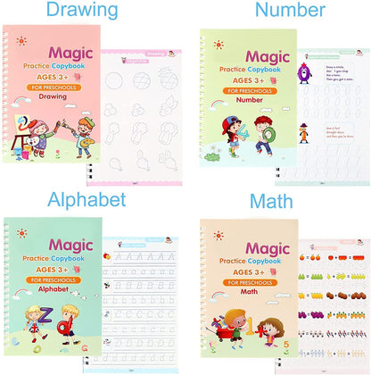 Magic Practice Copybook Set – 4 Reusable Writing Books with Magic Pen