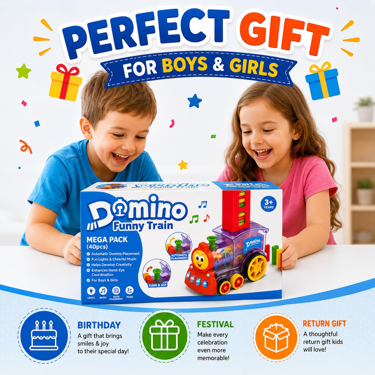 Domino Laying Train Toy with Lights & Music